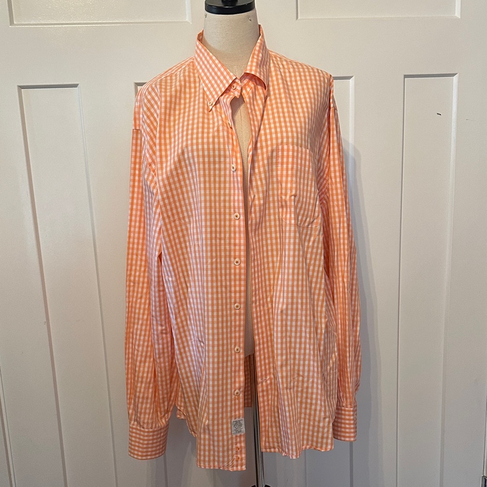 Peter Millar men’s orange sherbet white gingham button down XL 100% cotton shirt